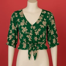 Sienna Sky Green Floral Blouse Small Tie Front Ruffle Hem Puff Sleeve Top