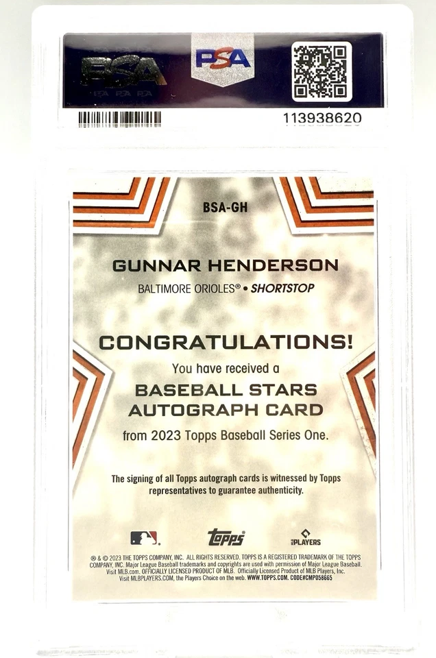 Gunnar Henderson 2023 Topps Baseball Stars RC Rookie Auto Autograph BSA-GH PSA 9 - Image 2 of 2