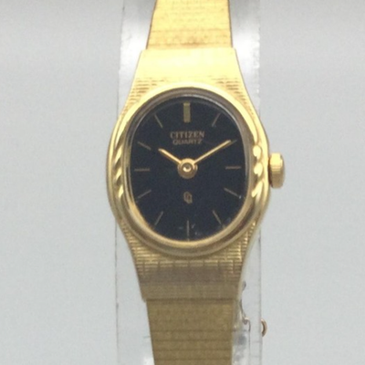 Vtg Citizen Womens Watch 15mm Black Dial Gold Tone 3220-898486 7