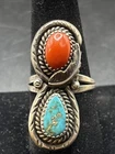 VTG Signed “ESTHER BROWN” Navajo Sterling Silver Turquoise & Coral Ring Sz 8.5