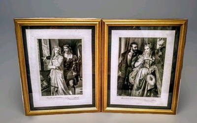 VTG BENEDICK & BEATRICE HAMLET & OPHELIA BY HUGUES MERLE ENGRAVING PRINTS FRAMED