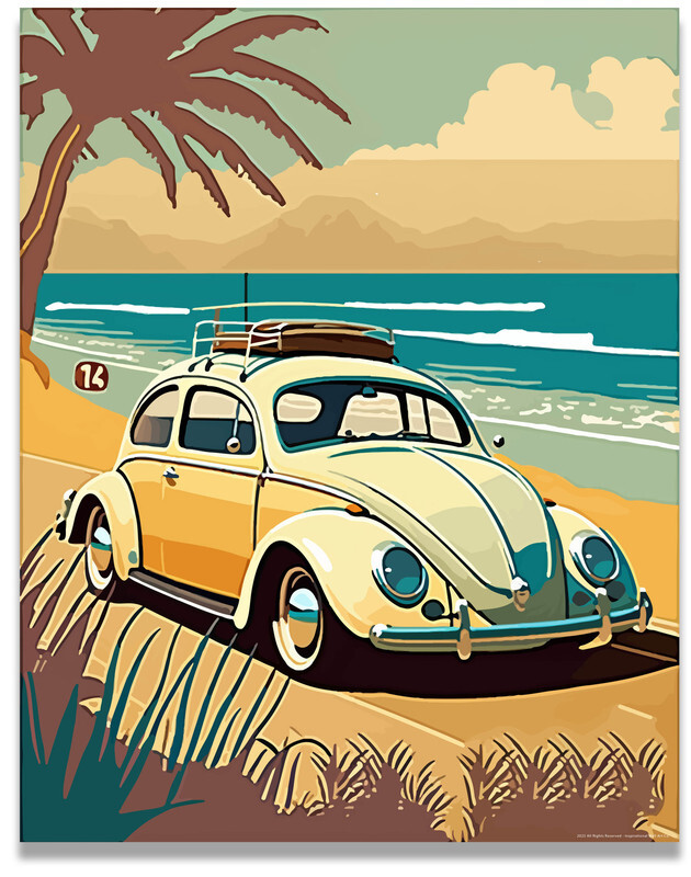 Volkswagen ビートル デザイン ミラー ウォールアート パブ Yellow Beetle Volkswagen Poster Vintage Beach Surf 11x14 Inches