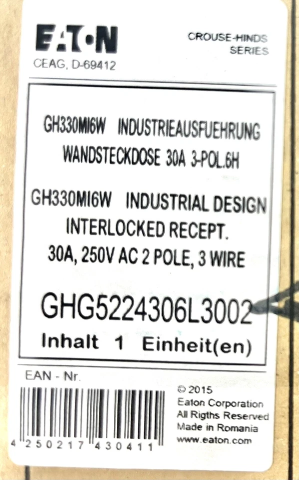 QTY:1 ~NEW~ EATON-CROUSE-HINDS, P.N.: GHG-5224306L3002, INTERLOCK RECEPTACLE. - Image 3 of 4