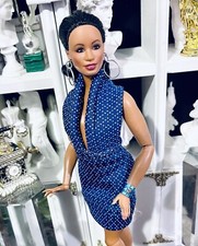 OOAK Curvy Fashion Doll Size Chic Blue Cocktail Halter Dress ensemble Last One 