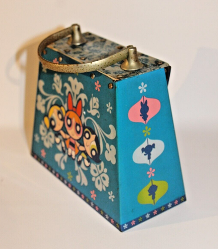 Borsa di latta in metallo 2001 vintage Powerpuff per ragazze con chiusura maniglia e fibbia IMPERFETTA - Foto 4 di 11