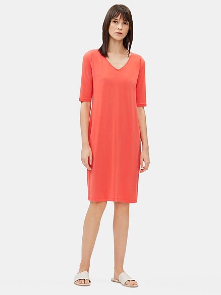 eileen fisher jersey shift dress Red Lory Fine Tencel V-Neck Sz 2X $188 NWT Midi