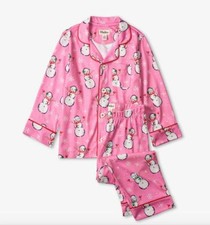 Hatley Girl's Happy Snow Snowman Pink Flannel Button Down Pajama Set, Size 4
