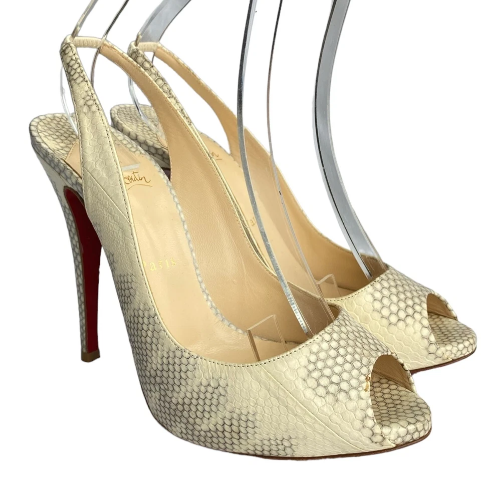 CHRISTIAN LOUBOUTIN Private Number Beige Python Embossed Slingback Pumps, 40 - Image 3 of 4