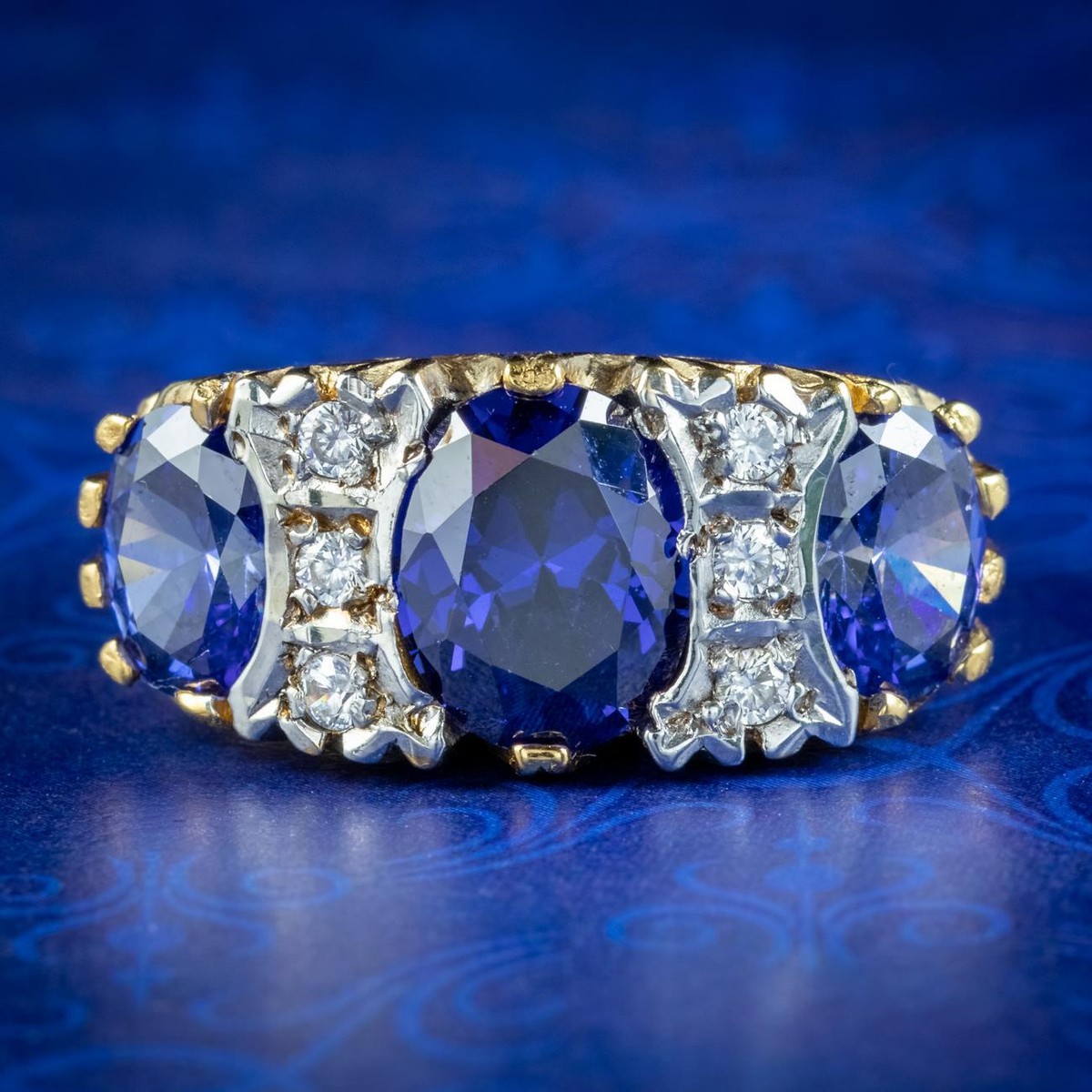 VICTORIAN STYLE CARVED HALF HOOP CZ TANZANITE TRILOGY RING UK