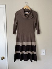 Robbie Bee Sweater Dress Knit Cowl Neck Button Striped Bottom Brown Womens Large