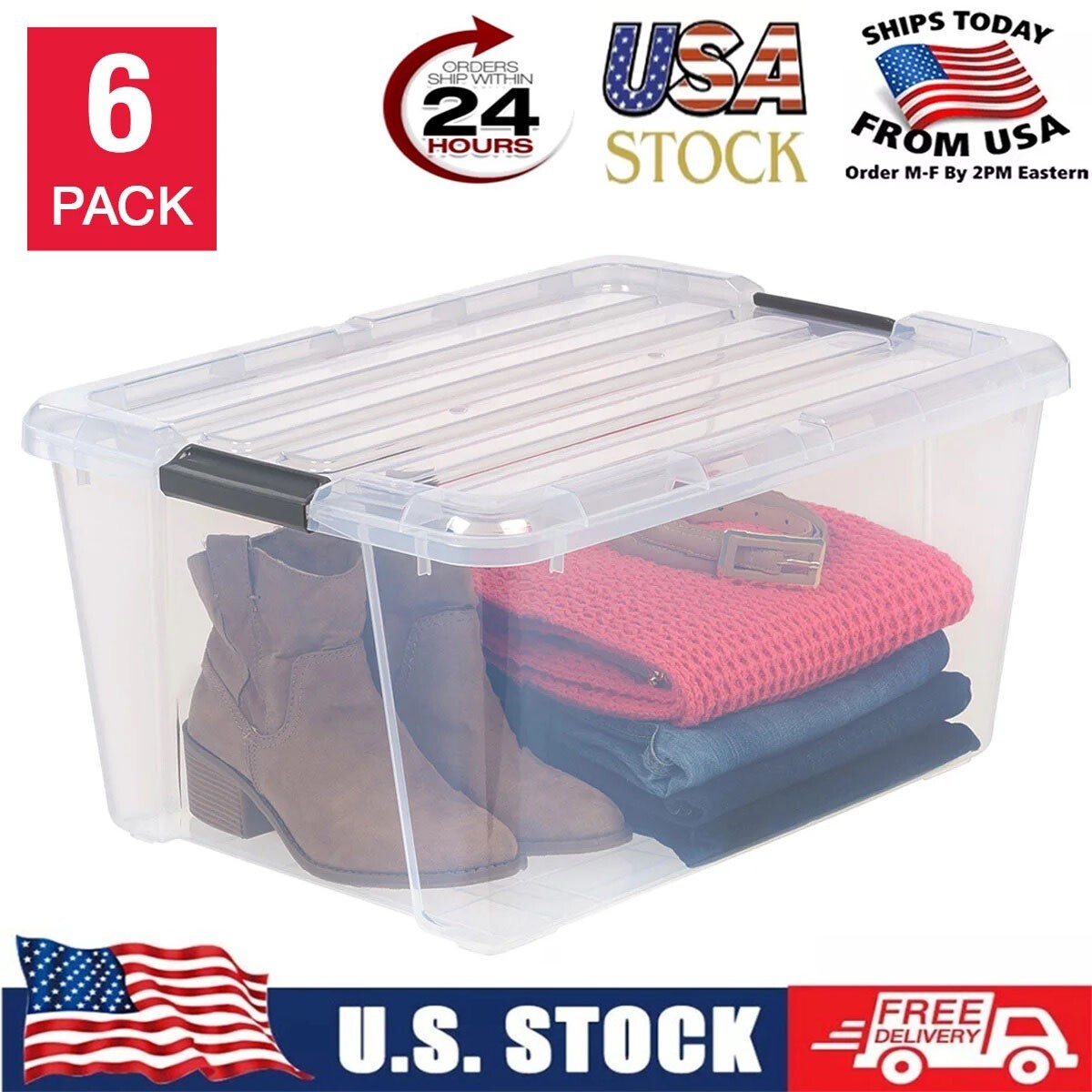 IRIS 45QT Clear Storage Bin with Buckles 6-Pack Free Shipping