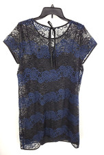 Loft Dress Womens 14 Black Blue Stripe Lace Short Sleeve Scoop Neck Sheath