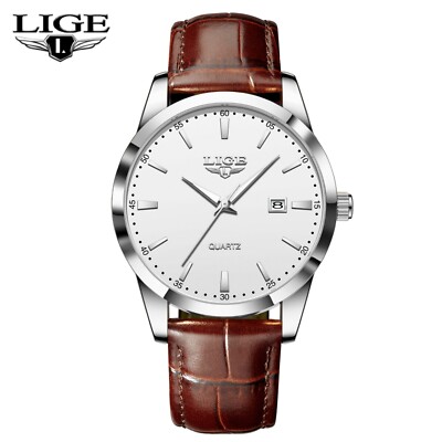 LIGE Men's Watch Quartz Analog Calendar Leather Strap Luminous Luxury Wristwatch