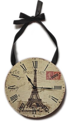 Wall Clock - Vintage Design -Eiffel Tower & Stamps w/Ribbon for hanging! 6 3/4''