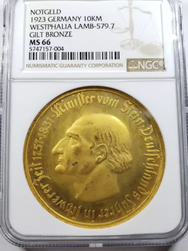 1923 Westphalia Germany 10000 Mark Gilt Notgeld Large Size Holder NGC MS66