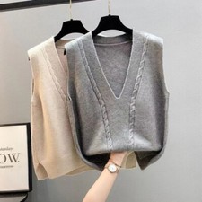 Knitted Lady Vest Cable Knit Tank Tops Waistcoat Gilets V Neck Sleeveless Casual