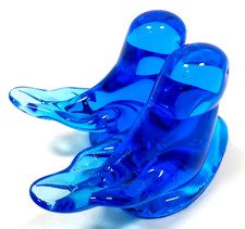 Pair of Bluebirds of Happiness on Heart Blue Art Glass Leo Ward 1994 Signed