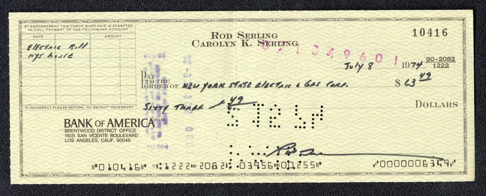 Rod Serling Twilight Zone Signed 1974 Personal Bank Check AUTO (B)