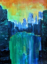 Original Art Cityscape. Acrylic Painting. 9x12 on Art Paper. 'Skyline Cascade'