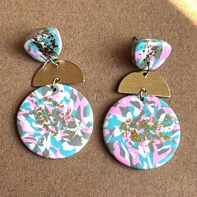 Handcrafted Round Multicolor Polymer Clay Dangle Earrings Brass Accents Stud