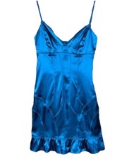Y2K VTG GUESS Peacock Blue Satin Mini Slip Dress Bodycon Sz 7 Juniors Sexy Club