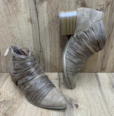 Fergalicious Women Ankle Boots IGGY Fringe Straps Almond Toe Block HeelBeige  8M