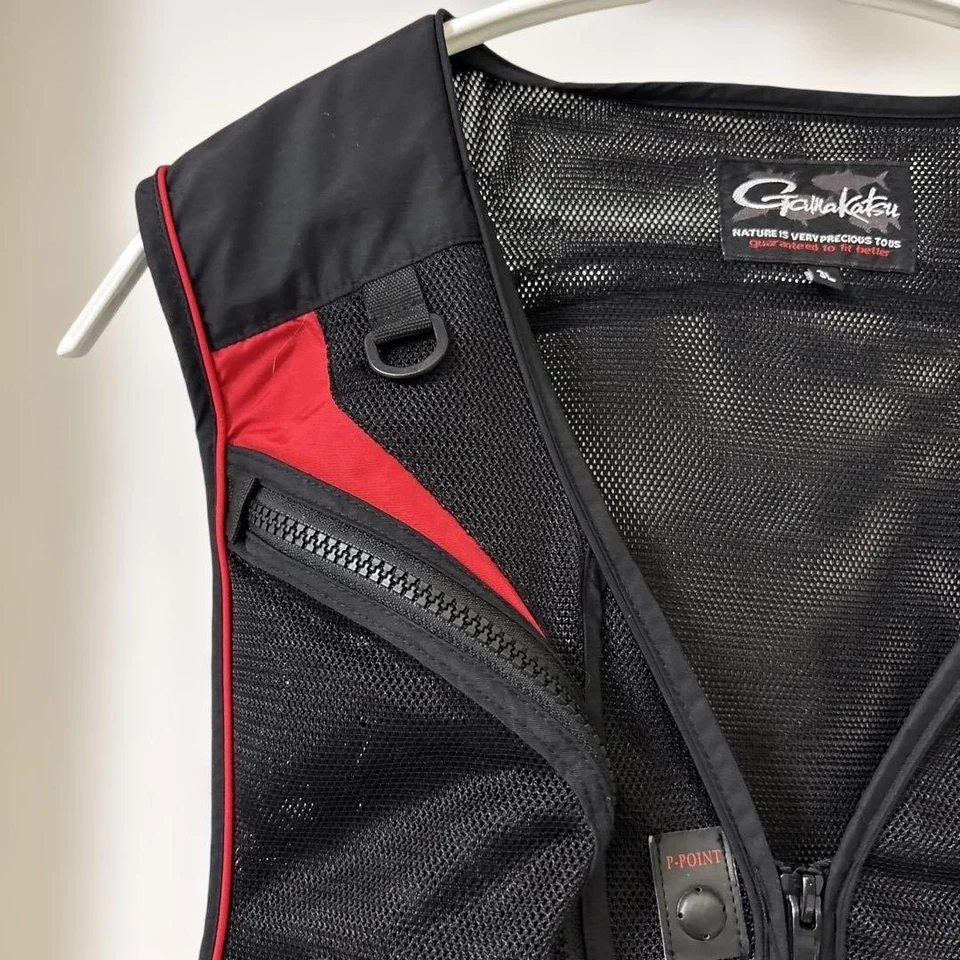 Chaleco de pesca de malla Gamakatsu 3L negro/rojo varios bolsillos usado Foto 3 de 4