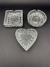 Set Of 3 Vintage Glass Ashtrays From 1950-60’s. Heart, Square, Round Designs