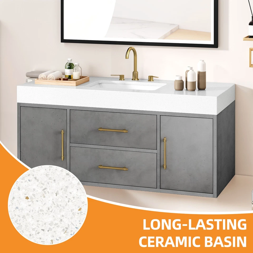 48英寸浮动浴室梳妆台带2个抽屉壁挂式储物柜 — 第 4/4 张图片