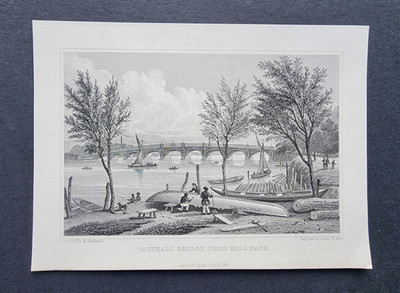 Antique 1829 print - Vauxhall Bridge - Thames - London - Steel Engraving