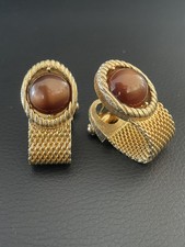 Vintage 1970s Swank Cufflinks Wrap Around Gold Mesh Cabochon