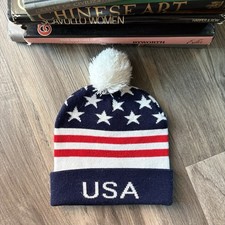 90 s Vintage USA United States Flag Beanie Winter Hat Pom