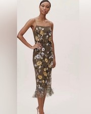 158 Anthropologie Bhldn Marigot Dress Beaded Fringe Midi Euc 4 Flor Et.al