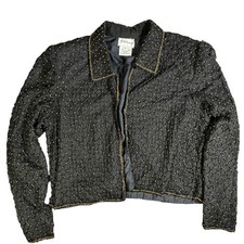 Vintage Stenay Womens Large Silk Beaded Blazer Jacket Black and Gold