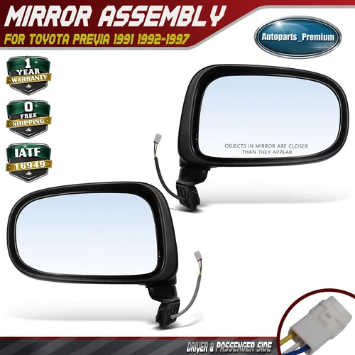 2x Black Power Mirror Assembly with Manual Folding for Toyota Previa 1991-1997