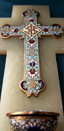 BÉNITIER MURALE/ONIX EMAUX CLOISONNÉ/EGLISE,PRÊTRE/H.21cm - Picture 1 of 5