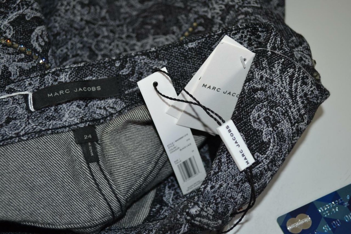 NWT Marc Jacobs Black Lace Print Denim w/Crystals Mini Skirt