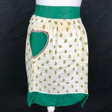 Vintage Half Waist Apron Yellow Rose Heart Pocket Green Ruffle AS IS Homemade