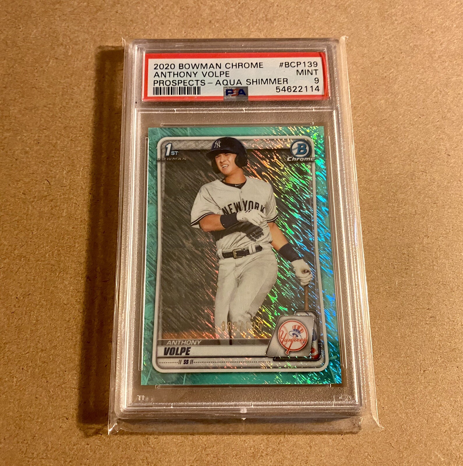 Anthony Volpe 2020 Bowman Chrome Aqua Shimmer Refractor /125 PSA 9 BCP139 Yankee