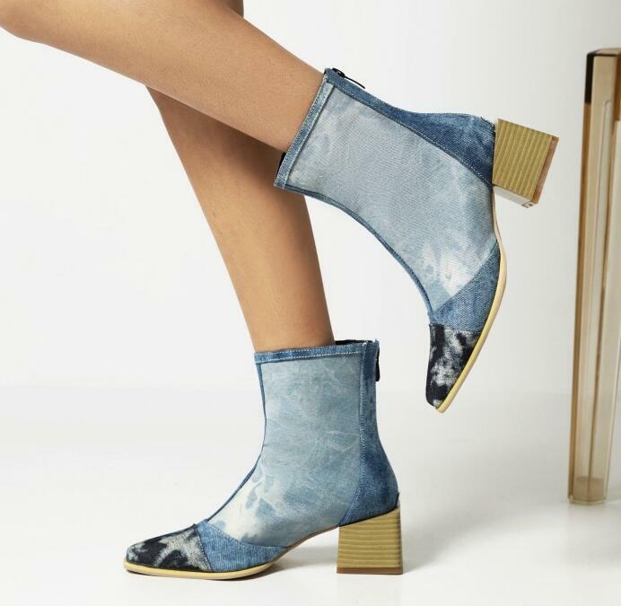 Women Pointed Toe Block Heel Pump Ankle Boots Fashion Back Zipper