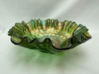 Vintage Fenton Coin Dot Carnival Green Glass Bowl Crimped Edge 8 3/4" Wide