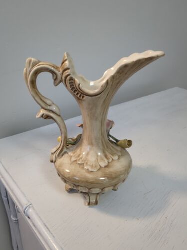 Beautiful Italian Capodimonte 9” Vase Handled & Footed Pink Flowers & Stamp - Picture 5 of 13