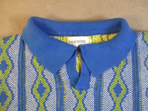 Oxknitstore Knit Polo Sweater Shirt Men Large Blue Yellow Retro Preppy Tennis - Picture 2 of 13
