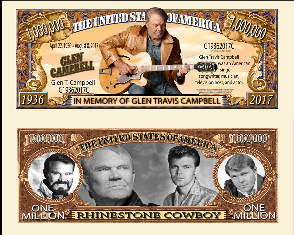 Glen Campbell Million Dollar Bill Play Funny Money Novelty Note with FREE SLEEVE