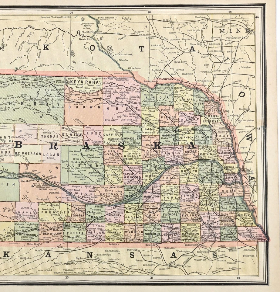 1887 NEBRASKA Map ORIGINAL (12x9) TOWNSHIPS RAILROAD COUNTY MILITARY FORTS - Image 3 of 4