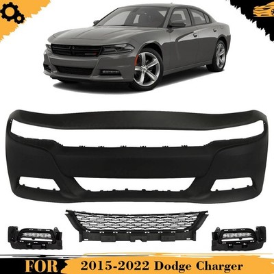 Front Bumper Cover Primed Plastic & Fog Lights Kit For 2015-2022 Dodge Charger