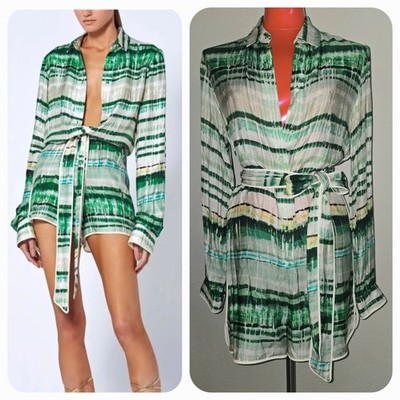 Alexis Florentyn Romper Shorts Faux Dress Tie Dye Striped Greens Silky  Size M