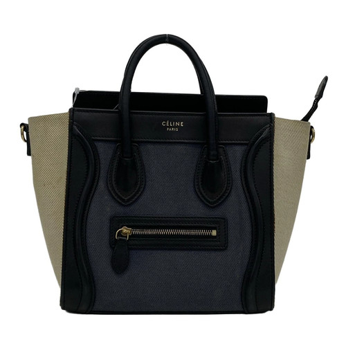 CELINE Luggage Nano Shopper Blue Gray Black Cream Canvas Leather Handbag