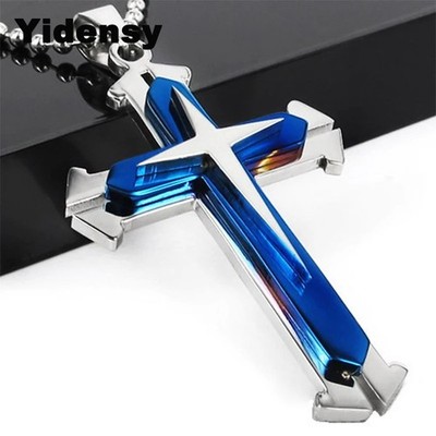 MEN'S HUGE BLUE POLISH STAINLESS STEEL THREE LARGE CROSS PENDANT NECKLACE