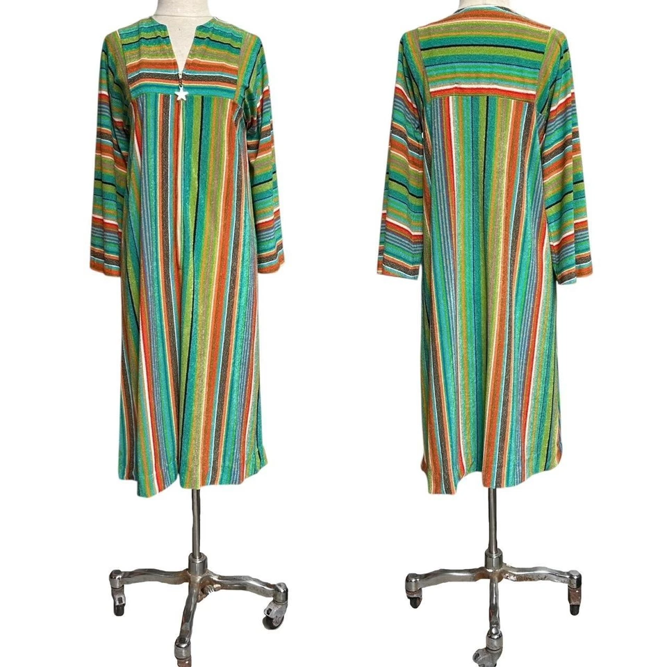 Vestido caftán manga campana toalla rayas vintage años 70 tela de felpa multicolor suelto. Foto 4 de 4